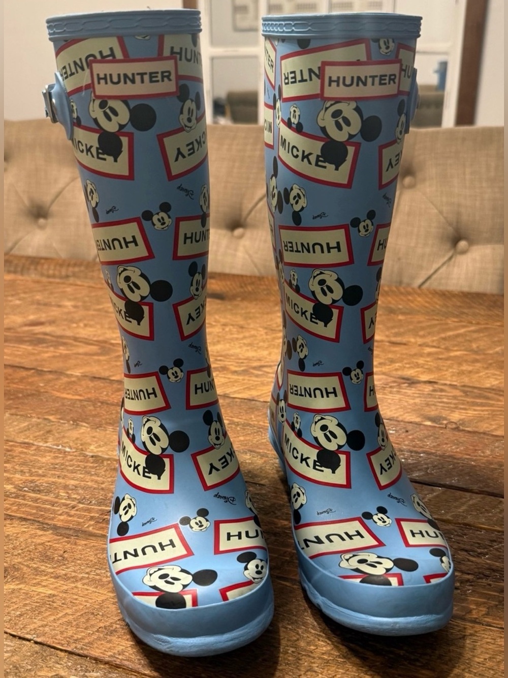 Women’s Hunter Light Blue Mickey Print Tall Rain Boots (Size 4)